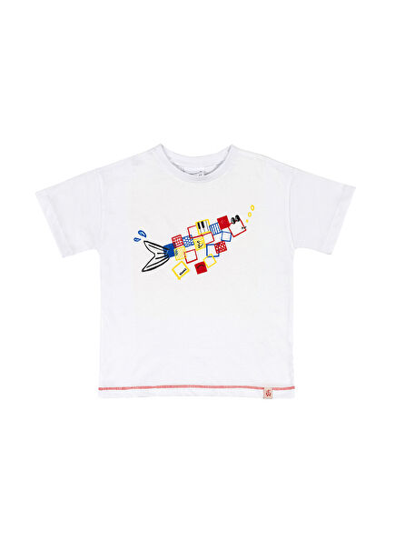 Follow the Shapes Baskılı Oversize Beyaz Kısa Kollu Erkek Çocuk T-Shirt