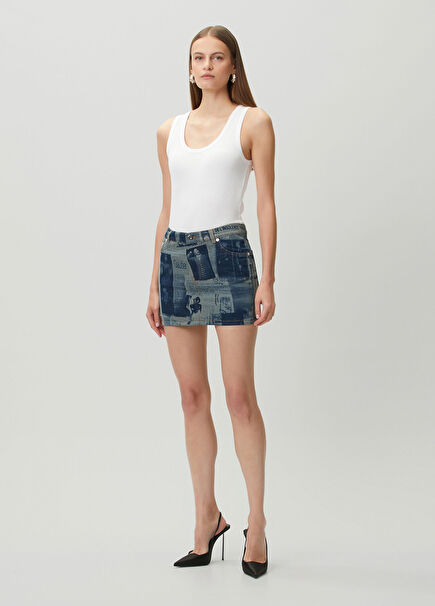 Lacivert Baskılı Mini Denim Etek
