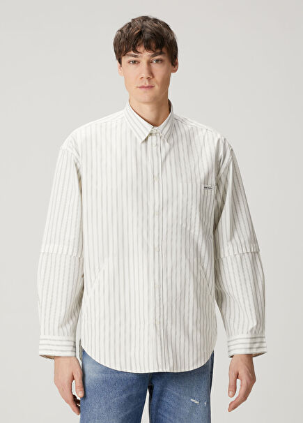 Ekru Çizgi Desenli Organik Pamuk Gömlek