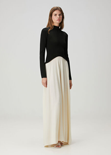 Ekru Siyah Maxi Elbise