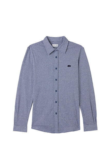  Koyu Mavi Pamuklu Slim Fit Düğmeli Yaka Uzun Kollu Erkek Gömlek