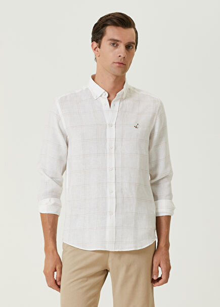 Comfort Fit Orange White Plaid Linen Shirt