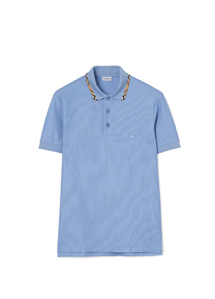 Check Trim Blue Cotton Polo Collar Short Sleeve Men's T-Shirt