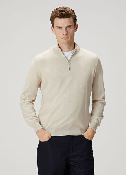 Cream Collar Zippered Silk Sweater