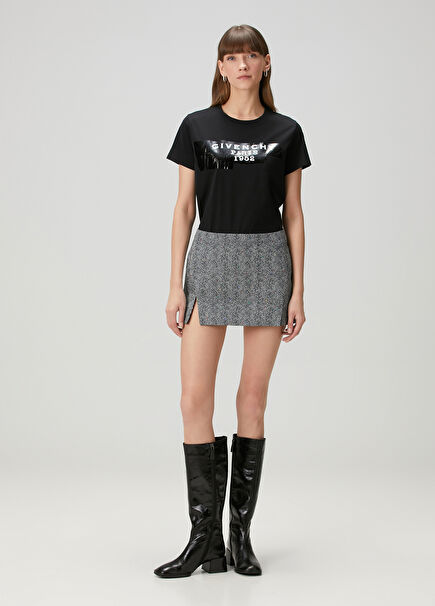 Siyah Beyaz Yırtmaçlı Mini Etek