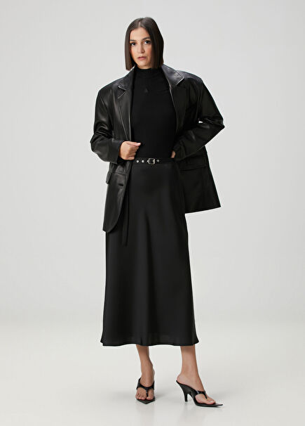 Siyah Kemerli Midi Saten Etek