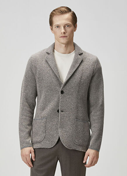 Gri Çizgi Jakarlı Yün Triko Ceket