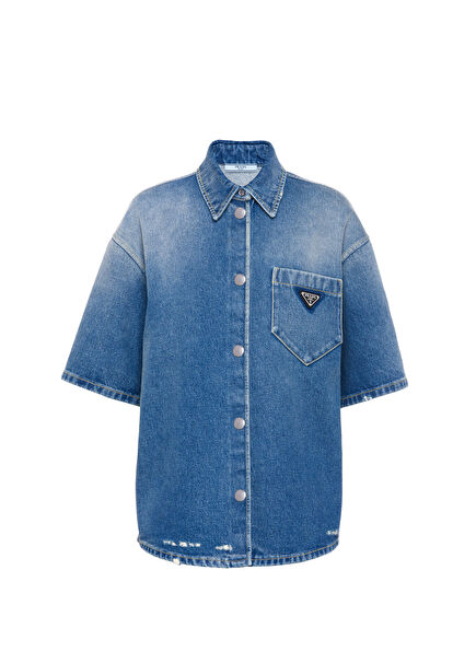 Denim Kısa Kollu Kadın Gömlek