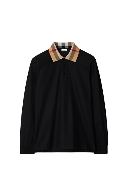 Black Cotton Polo Neck Long Sleeve Men's T-shirt