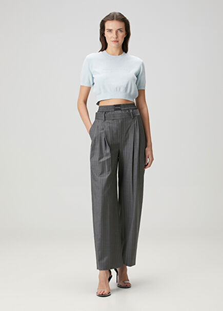 Gray Pleated Striped Wool Trousers