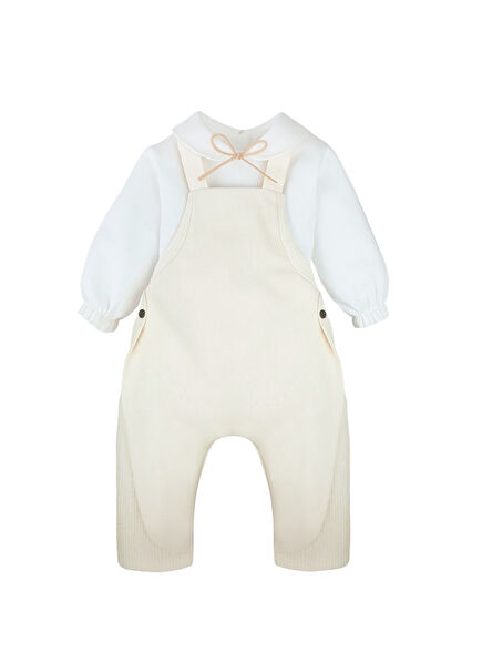 Krem Rengi Kanvas Biye Detaylı Salopet ve Gömlek Erkek Bebek İkili Set