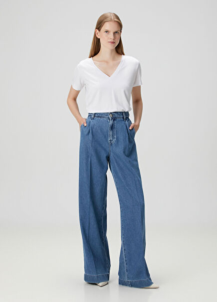 Wide Leg Mavi Pileli Jean Pantolon