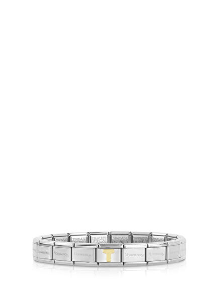 İtalyan Charm Gümüş 18 Ayar Altın T Harfi Çelik Unisex Bileklik 