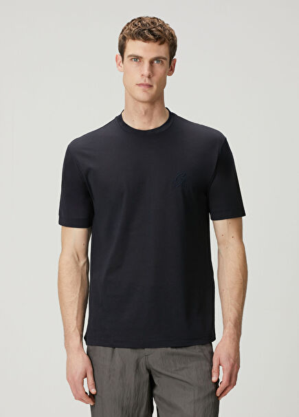 Navy Blue Logo Embroidered Silk T-Shirt