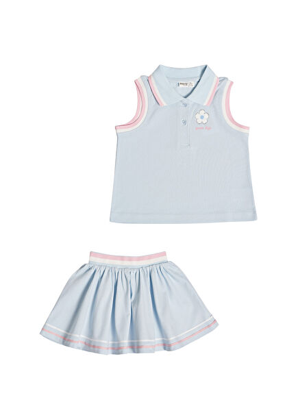 Mavi Polo Yakalı T-shirt ve Şort Etekli Kız Çocuk 2'li Set