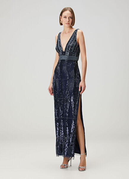 Navy Blue Embellished Maxi Evening Dress