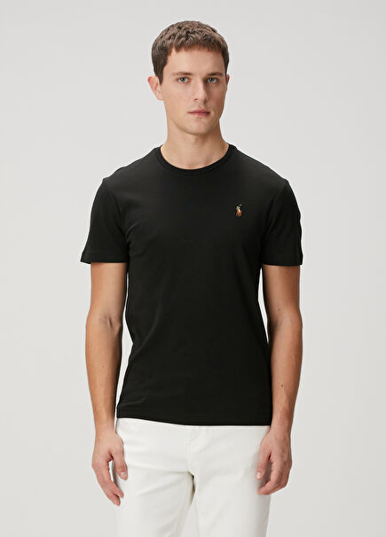Black Logo Embroidered Basic T-Shirt