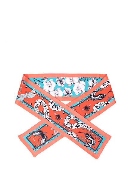 Watcher Yılanlar & Orkideler Mercan İpek Twill Kadın Şerit Eşarp 14 x 153 cm