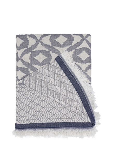 Positano Gri Lacivert Jakarlı Pamuk Throw Koltuk Örtüsü 140x195 cm