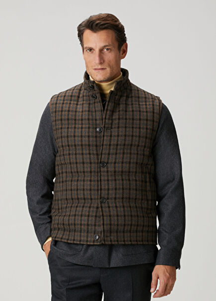 Kahverengi Ekose Desenli Kaşmir Yelek