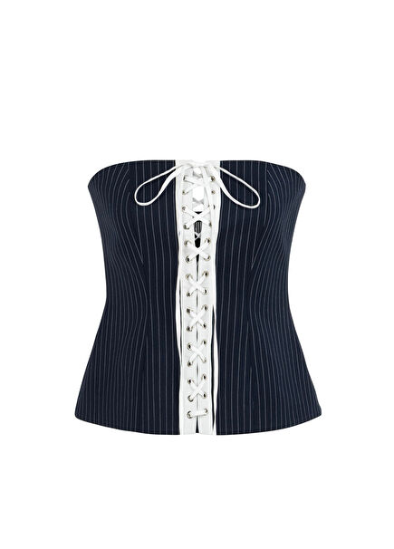 Elizabeth Deep Sea Blue White Çizgili Kadın Korse Bluz