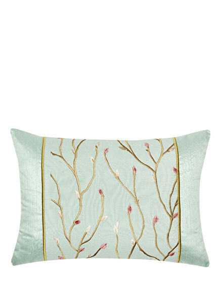 Embroidered Flower Detailed Sea Green Silk Pillow 35x50 cm