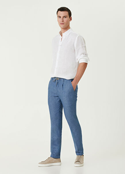 Blue Pleated Linen Trousers
