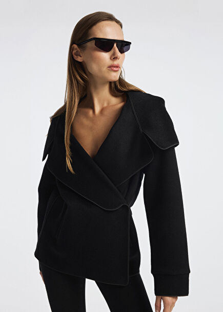 Cloak Black Alpaca Wide Hooded Women's Short Coat