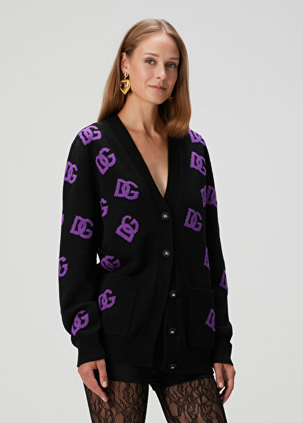 Siyah Mor Logo Jakarlı Yün Hırka