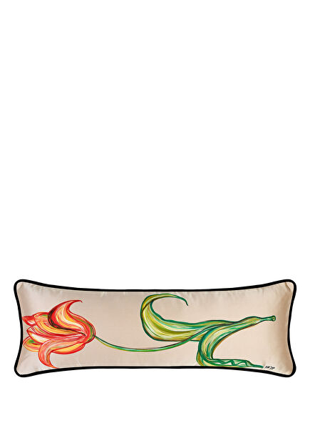 Lalezar Dark Beige Hand-Painted Silk Throw Pillow 25 x 65 cm