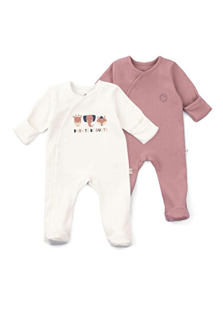 Gül Kurusu Krem Organik Pamuk Eldivenli Patikli Unisex Bebek 2'li Tulum Set