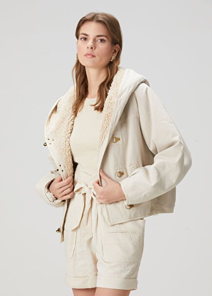 Biane Cream Hooded Denim Jacket