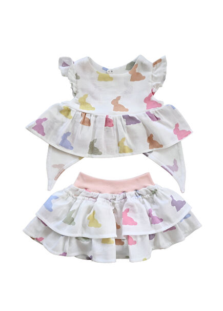 Rainbow Lapin Müslin Kız Bebek Etek ve Bluz 2'li Set