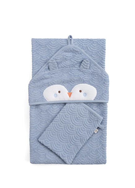 Owl Patterned Blue Organic Cotton Baby Towel Swaddle Set