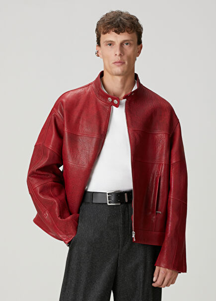 Kırmızı Deri Biker Ceket