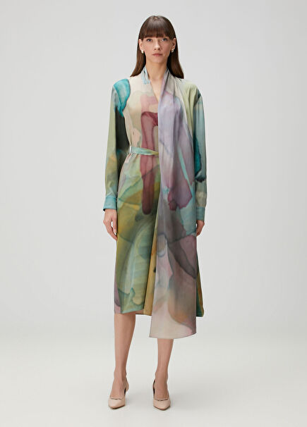 Multi-Colored Draped Midi Silk Dress