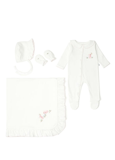 Pembe Tavşan Nakışlı 4 Parça Yenidoğan Seti