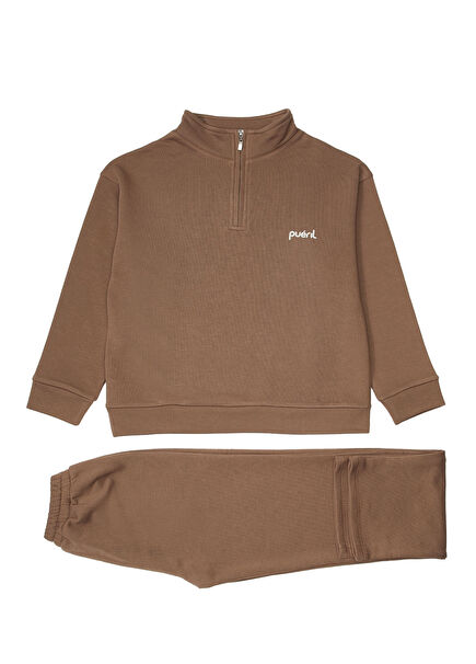 Kahverengi Yarım Fermuarlı Çocuk Eşofman Takımı
