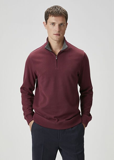 Bordo Yakası Fermuarlı Sweatshirt
