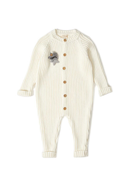Ecru Long Sleeve Buttoned Organic Cotton Jumpsuit