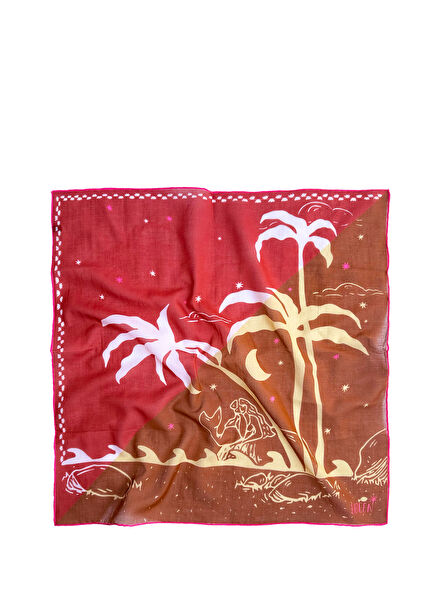 Bandana Kiremit Kahve Desenli Pamuklu Kadın Fular