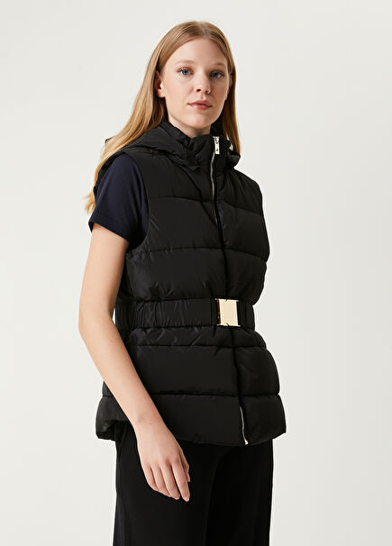 Black Hooded Lock Belt Detailed Puff Vest