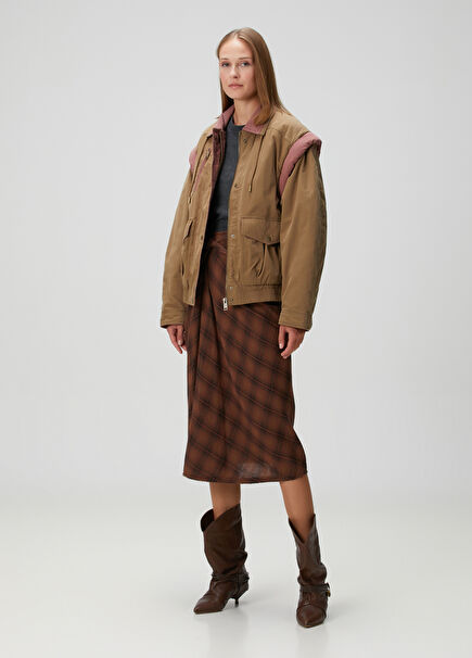 Nicole Kahverengi Ekoseli Midi Etek