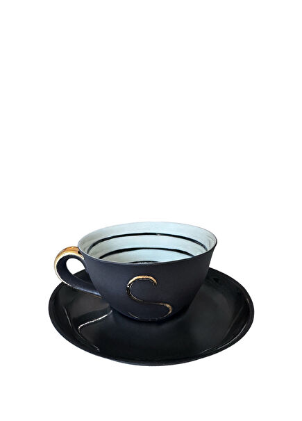 Special S Harfli Siyah Porselen Kahve Fincanı ve Tabağı