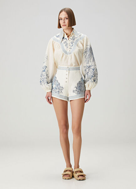 Villa Romantica Krem Desenli Keten Şort