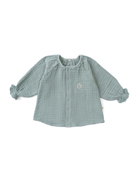 Yeşil Organik Pamuk Müslin Brodeli Unisex Bebek Gömlek 