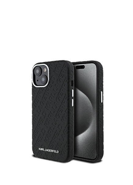 iPhone 15 Metal Yazı Logolu PU Deri Damgalı Telefon Kılıfı