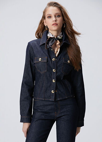 Lacivert Dar Kesim Çıtçıtlı Denim Ceket