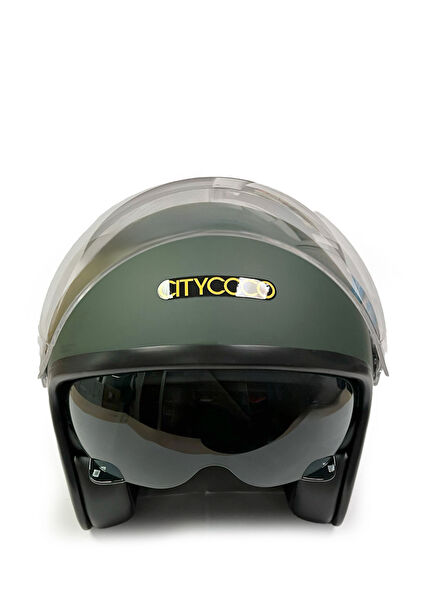 Vintage Stil Çift Vizörlü Mat Yeşil Unisex Yarım Açık Motosiklet Kaskı