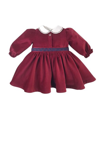 Bordo Kadife Nakışlı Uzun Kollu Kız Bebek Elbise